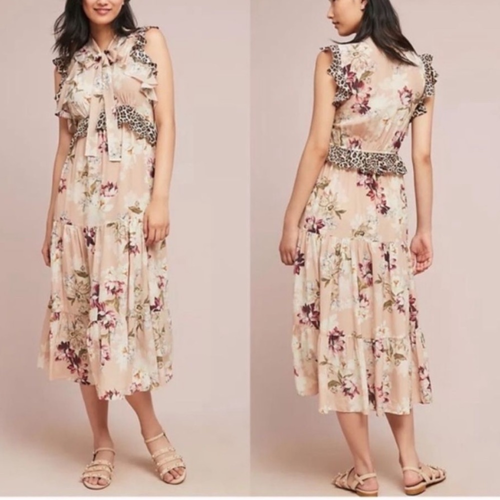 🕶️Anthropologie Kachel Sedona Sunrise Silk Midi Dress Sz 10 floral animal print
